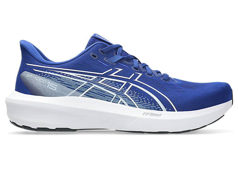Side view on white background of Mens Asics GT-1000 15 running shoe in Prussian Blue/White, Medium (Regular) width
