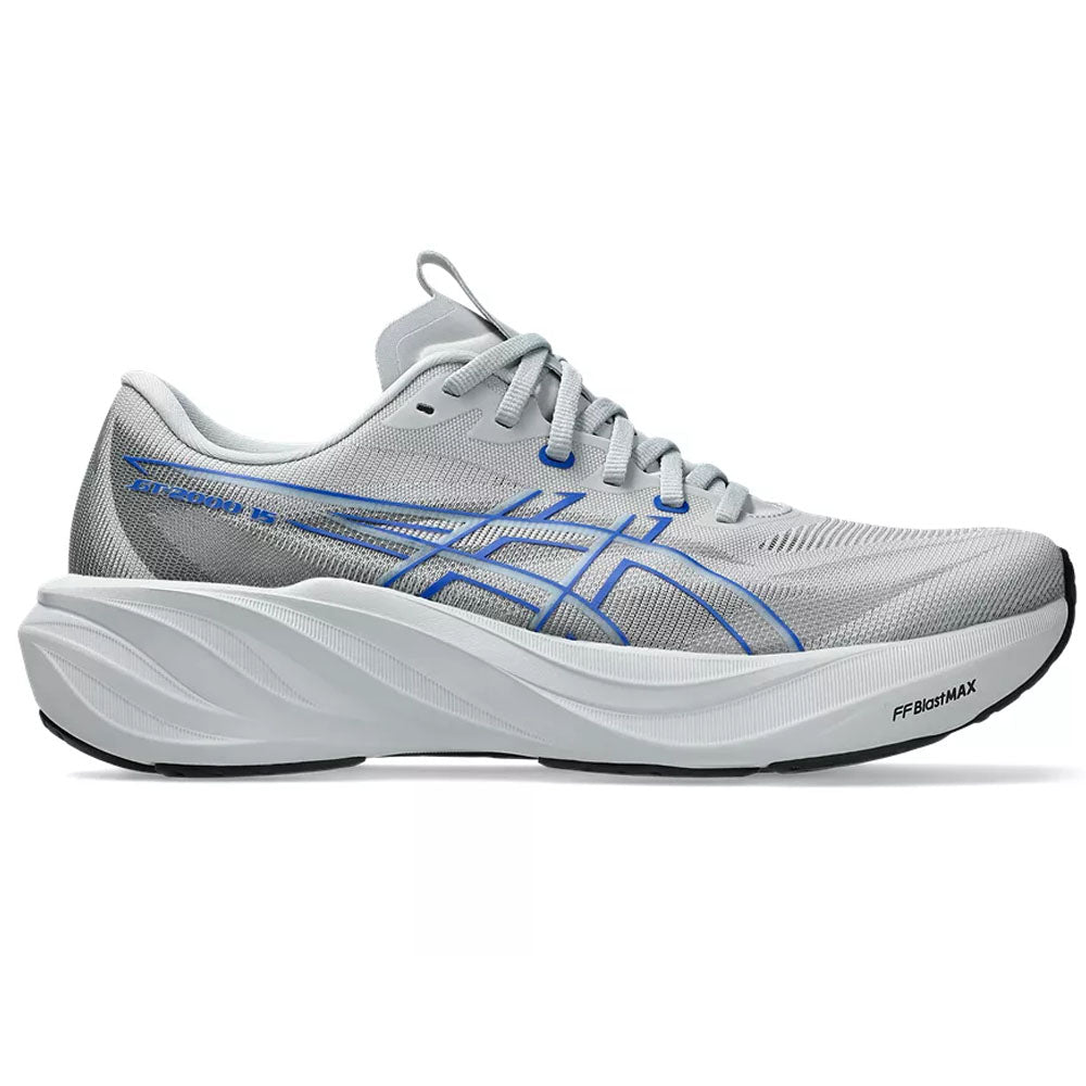 Side view on white background of Mens Asics GT-2000 running shoe in Piedmont Grey/Neon Blue, Medium (Regular) width