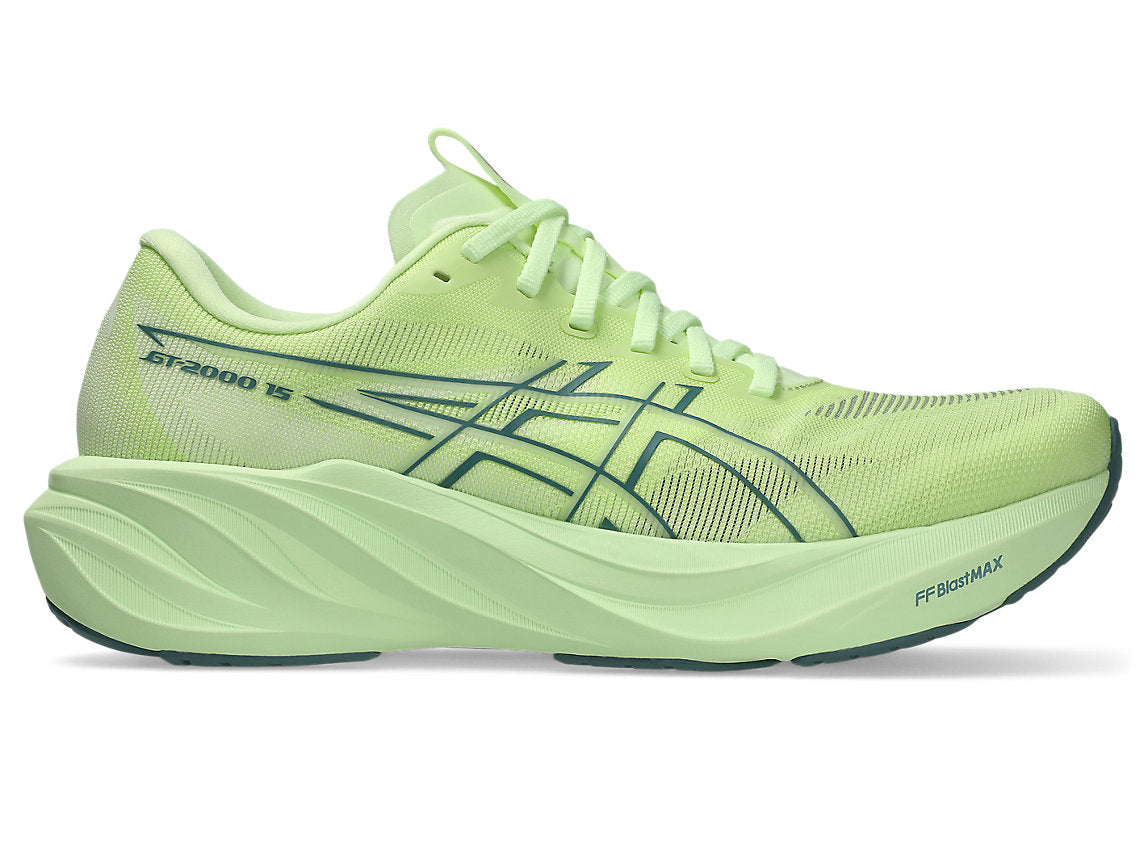 Side view on white background of Mens Asics GT-2000 15 running shoe in Foggy Teal/Illuminate Yellow, Wide width