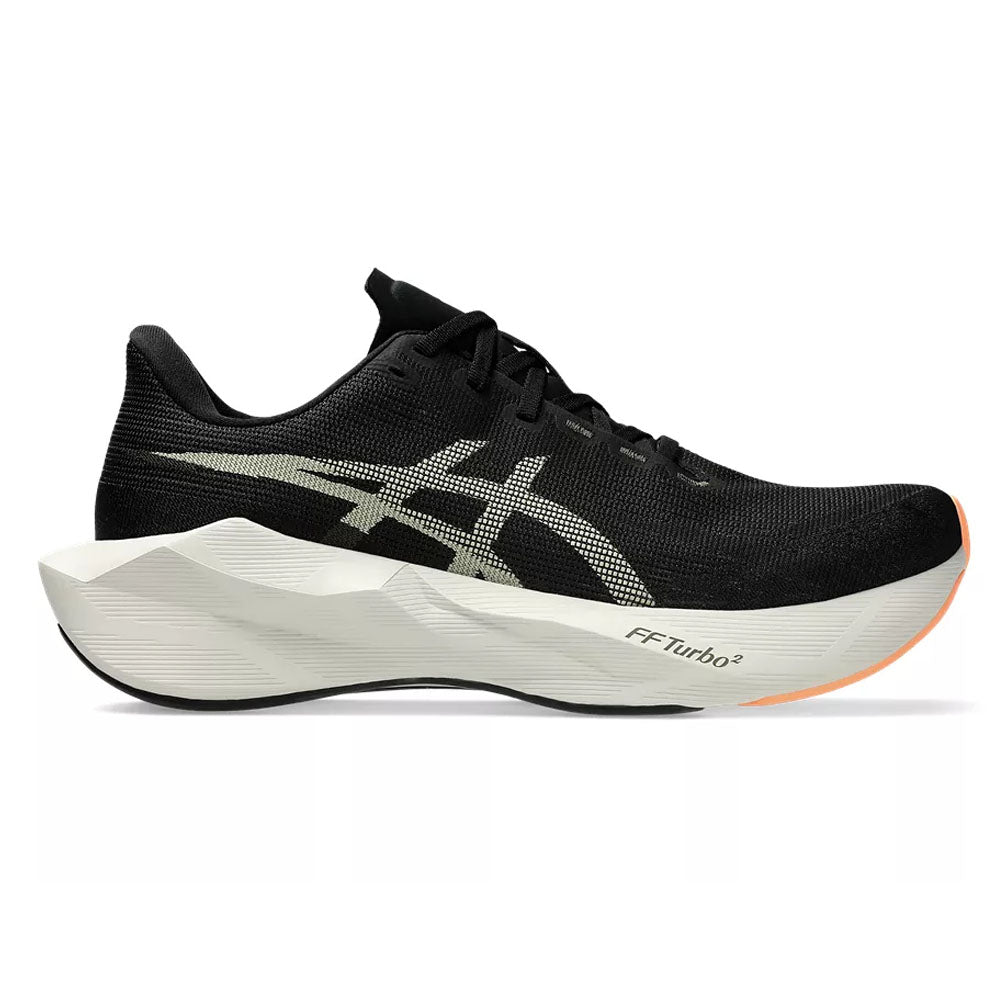 Side view on white background of Mens Asics Novablast running shoe in Black/Khaki, Medium (Regular) width