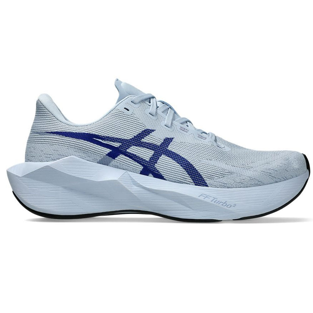 Side view on white background of Mens Asics Novablast running shoe in Solid Air/Prussian Blue, Medium (Regular) width