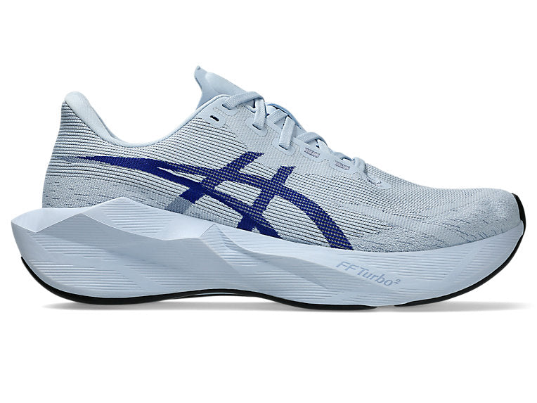 Side view on white background of Mens Asics Novablast 6 running shoe in Solid Air/Prussian Blue, Wide width
