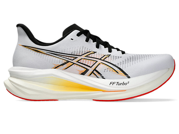 Side view on white background of Mens Asics Sonicblast 2 running shoe in White/Stadium Orange, Medium (Regular) width