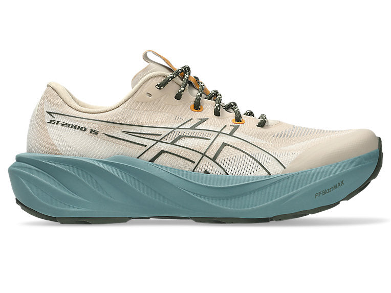 Side view on white background of Mens Asics GT-2000 15 TR running shoe in Simply Taupe/Foggy Teal, Medium (Regular) width