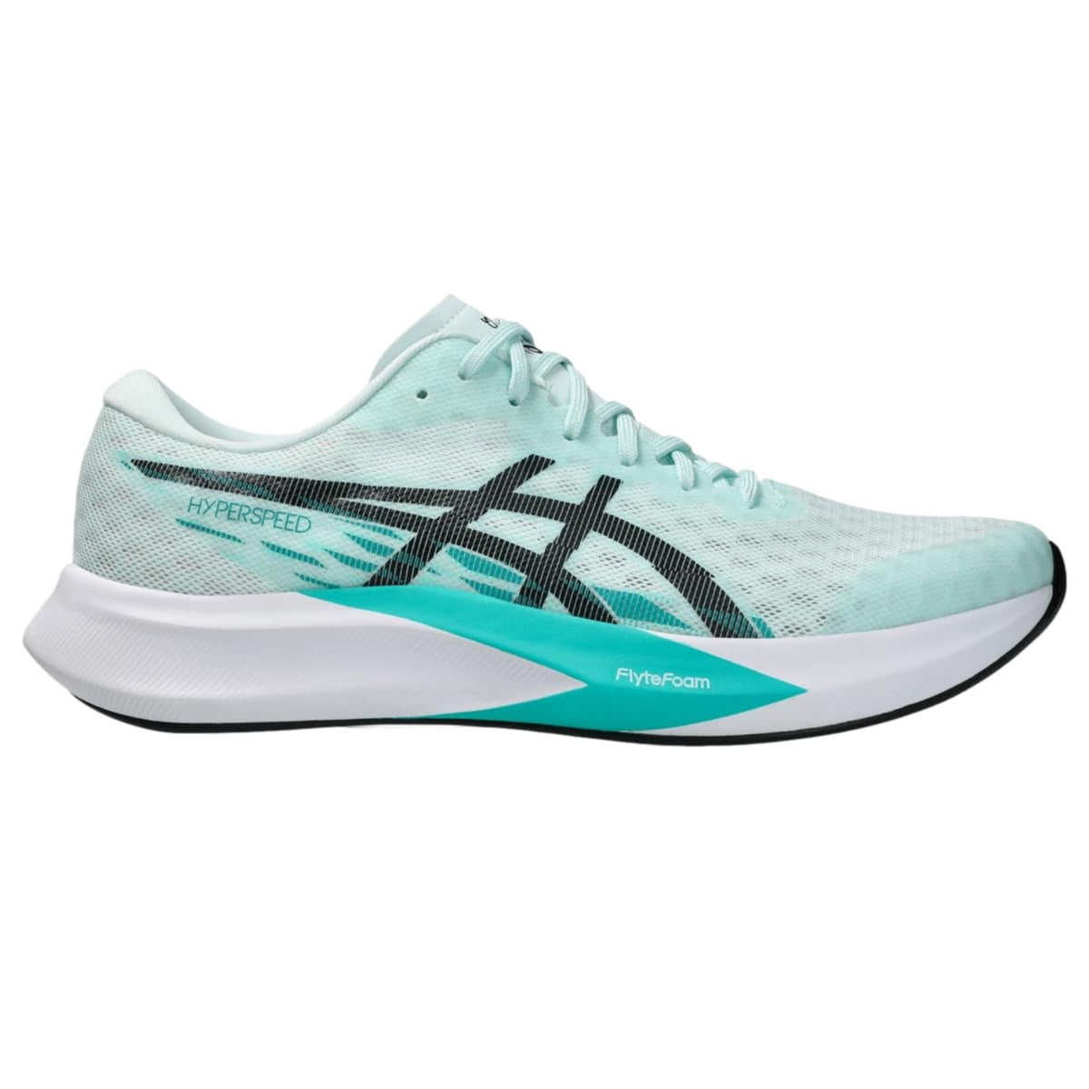 Side view on white background of Mens Asics Hyper Speed 4 running shoe in Soothing Sea/Black, Medium (Regular) width