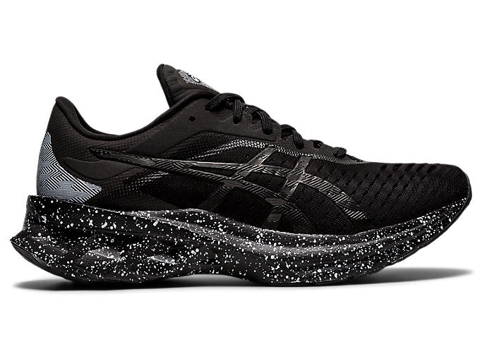Side view on white background of Womens Asics Novablast running shoe in Black/Black, Medium (Regular) width
