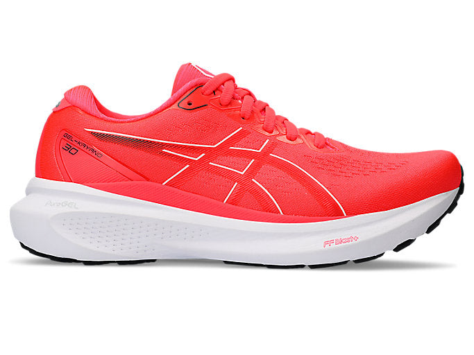 Side view on white background of Womens Asics Gel-Kayano 30 running shoe in Diva Pink/Electric Red, Medium (Regular) width