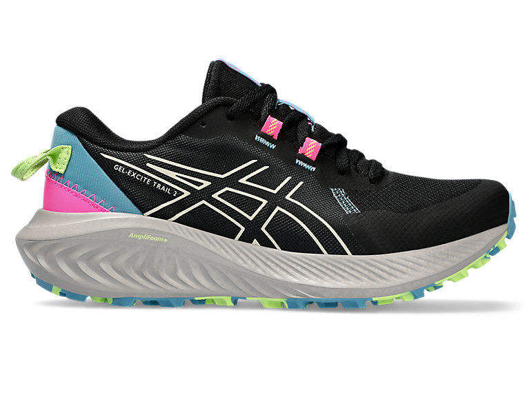 Side view on white background of Womens Asics Gel-Excite Trail 2 running shoe in Black/Birch, Medium (Regular) width