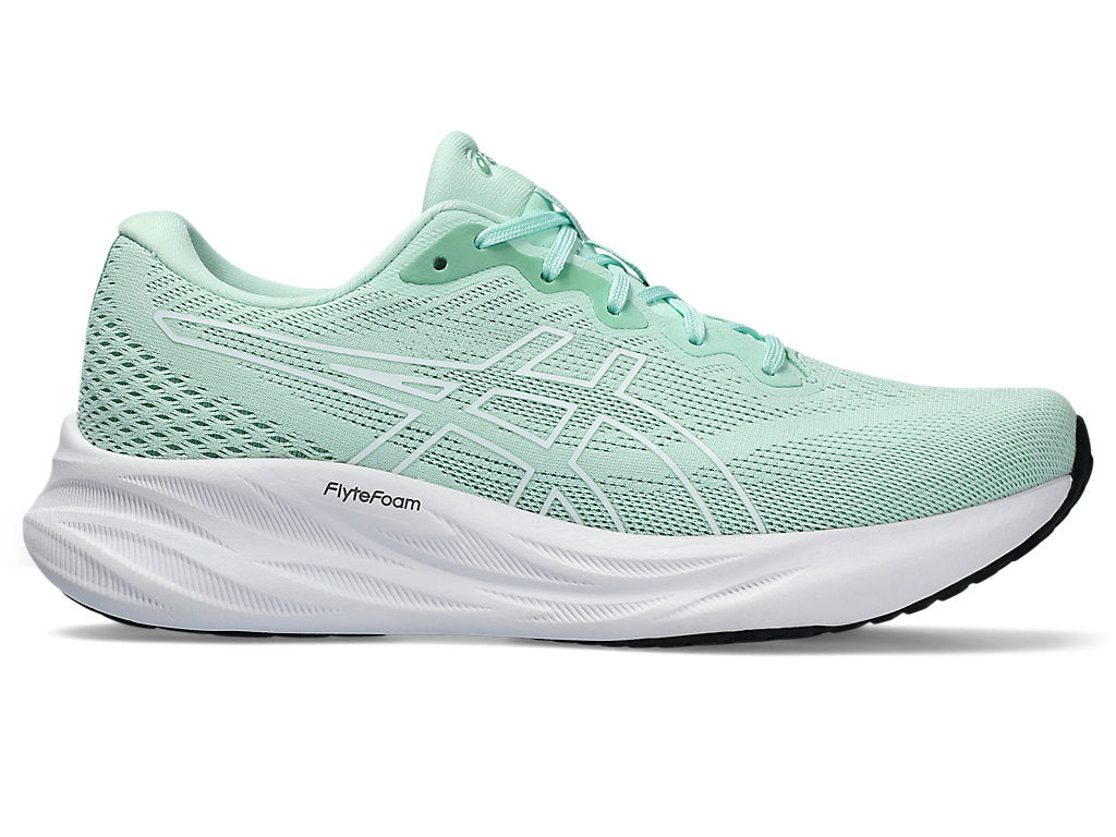 Side view on white background of Womens Asics Gel-Pulse 15 running shoe in Mint Tint/White, Medium (Regular) width
