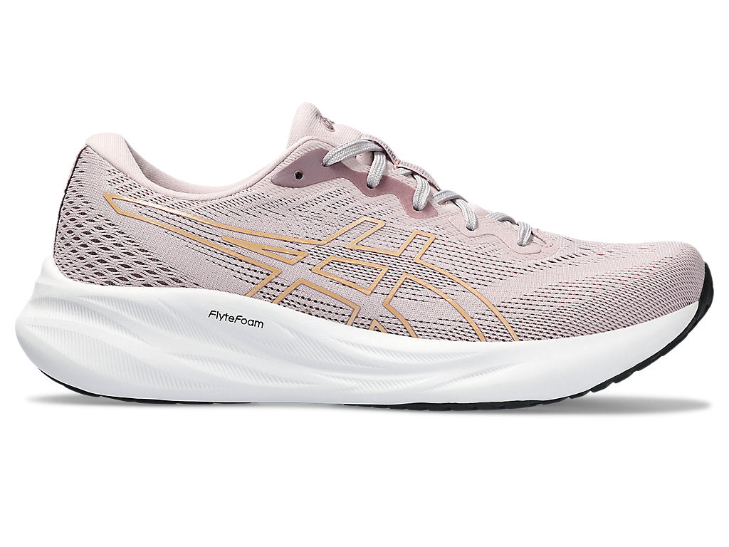 Side view on white background of Womens Asics Gel-Pulse 15 running shoe in Watershed Rose/Champagne, Medium (Regular) width