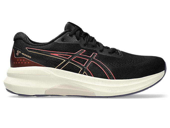 Side view on white background of Womens Asics GT-4000 4 running shoe in Black/Coral Reef, Wide width