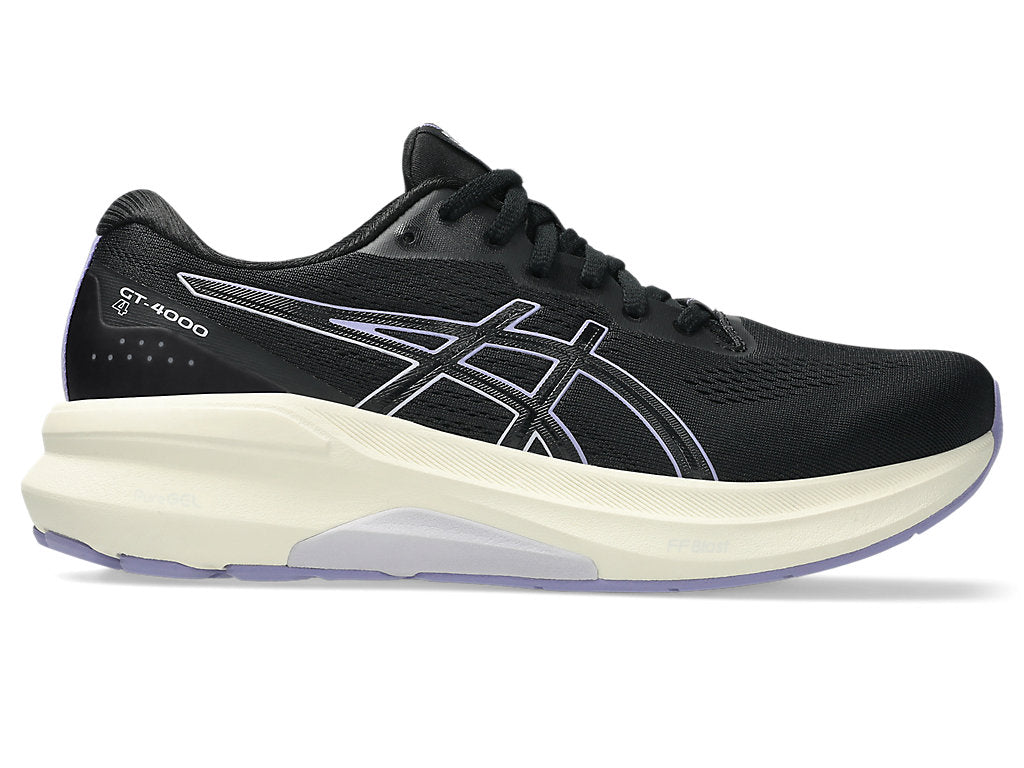 Side view on white background of Womens Asics GT-4000 4 running shoe in Black/Bluebell, Wide width