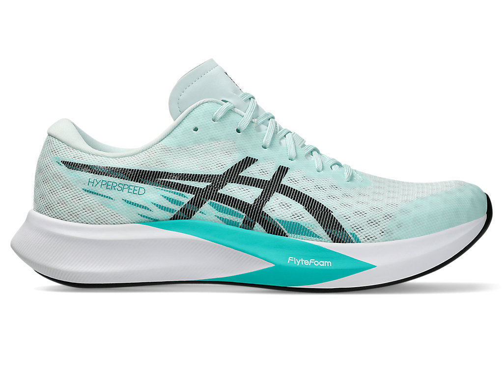Side view on white background of Womens Asics Hyper Speed 4 running shoe in Soothing Sea/Black, Medium (Regular) width