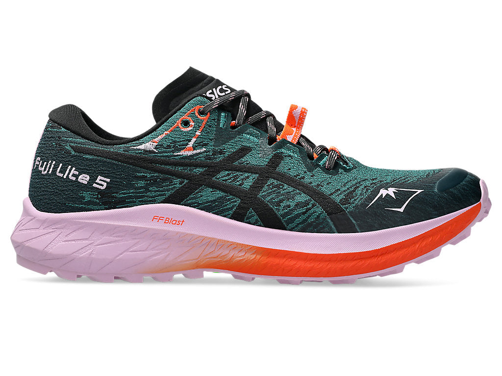 Side view on white background of Womens Asics Fuji Lite 5 running shoe in Rain Lake/Black, Medium (Regular) width