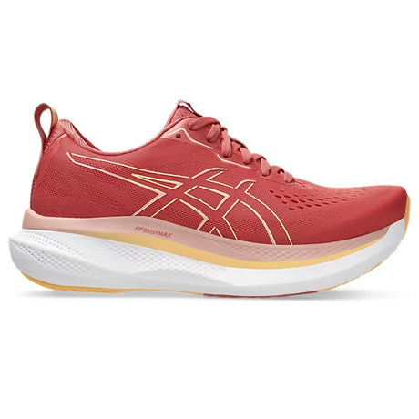 Side view on white background of Womens Asics Glideride Max running shoe in Dark Pink Clay/Orange Glow, Medium (Regular) width