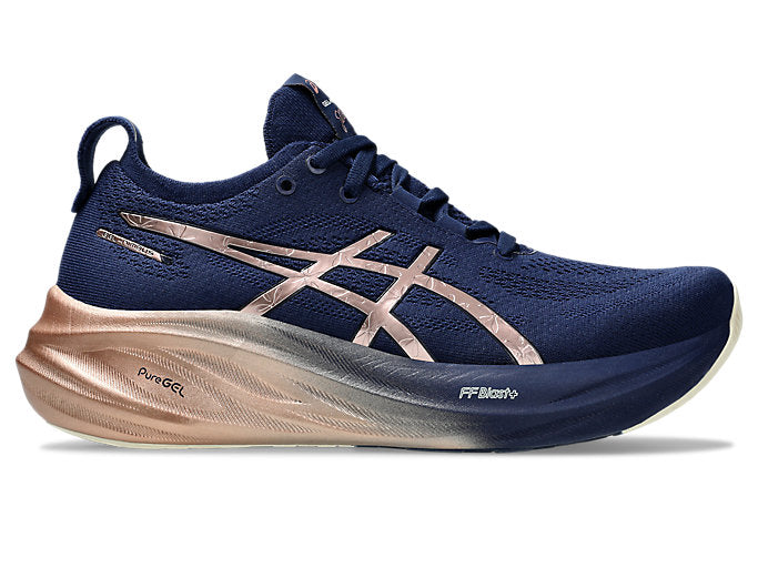 Asics Gel-Nimbus 26 Womens running shoes in Blue Expanse/Rose Gold - side view on white background