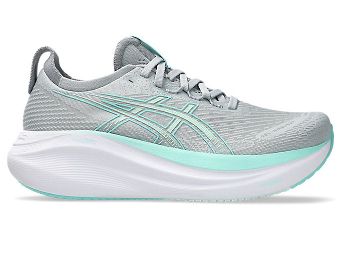 Women's Asics Gel-Nimbus 27, Piedmont Grey/Illuminate Mint, 7.5 B Medium