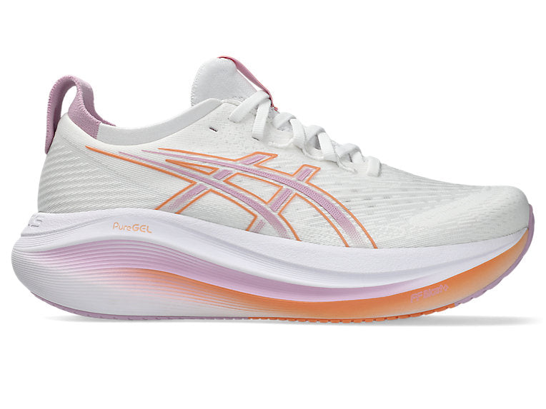 Side view on white background of Womens Asics Gel-Nimbus 27 running shoe in White/Light Ube, Medium (Regular) width