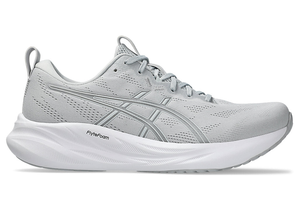 Side view on white background of Womens Asics Gel-Pulse 15 running shoe in Concrete and Glacier Grey, Medium width