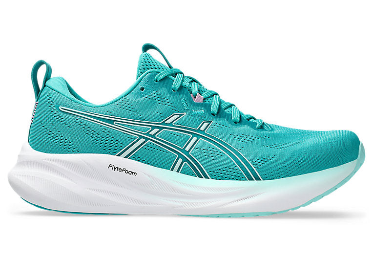 Side view on white background of Womens Asics Gel-Pulse 16 running shoe in Wave Teal/Soothing Sea, Medium (Regular) width