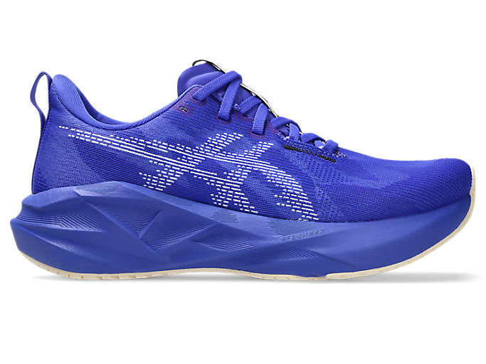 Side view on white background of Womens Asics Novablast 5 running shoe in Cobalt Burst/White, Medium (Regular) width