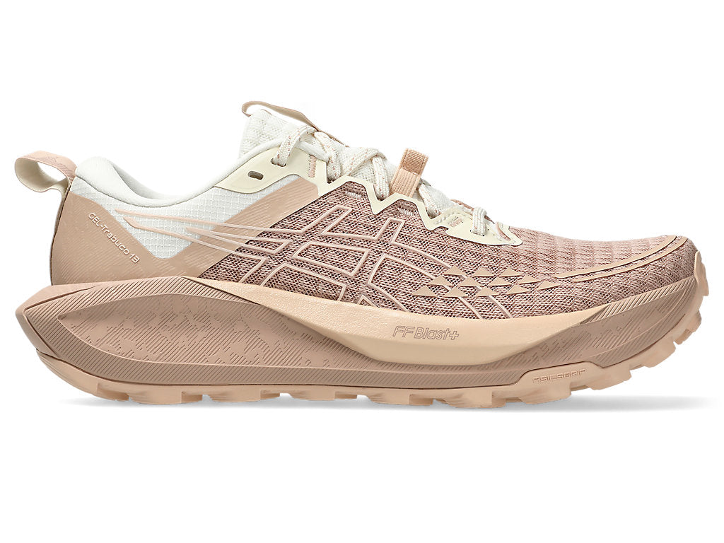 Side view on white background of Womens Asics Gel-Trabuco 13 running shoe in Dusty Steppe/Rainstorm Grey, Medium (Regular) width