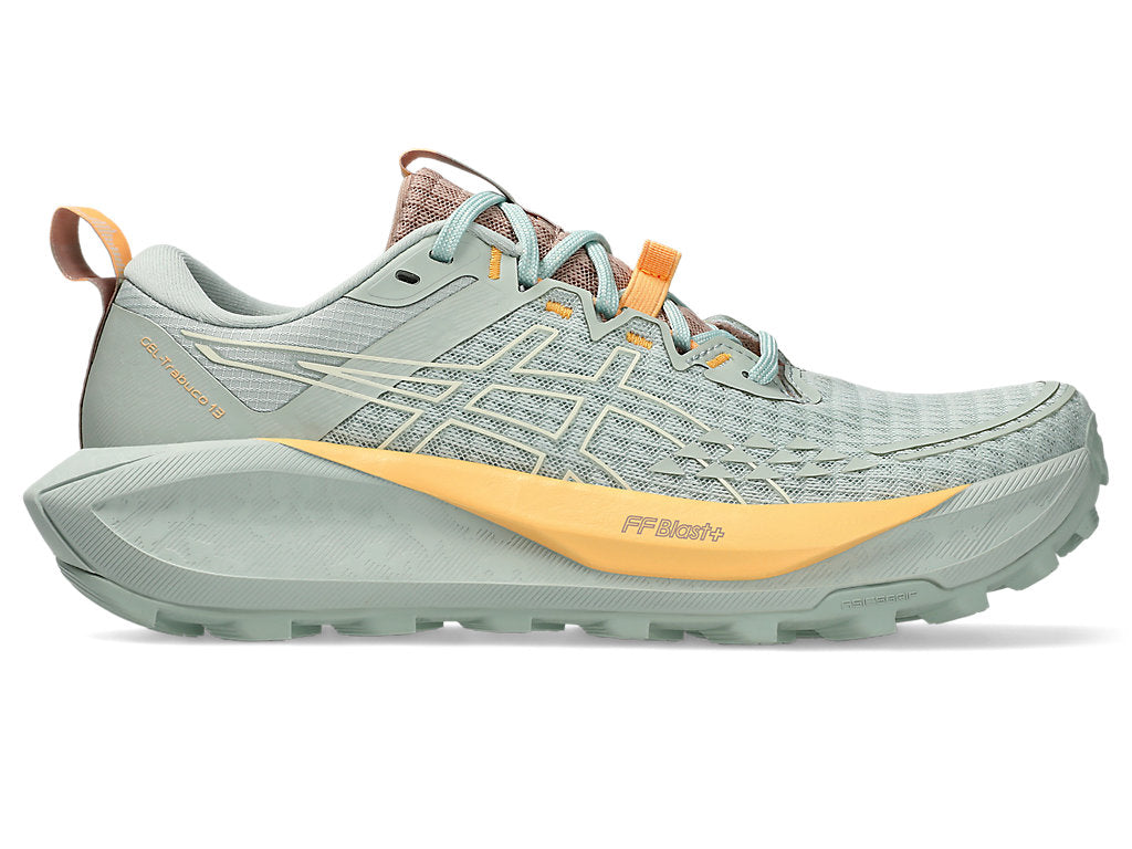Side view on white background of Womens Asics Gel-Trabuco 13 running shoe in Lichen Rock/Cream, Medium (Regular) width