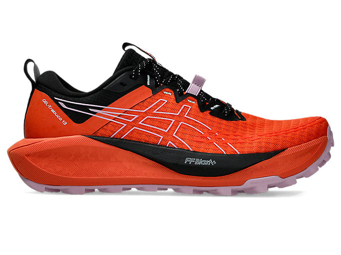 Side view on white background of Womens Asics Gel-Trabuco 13 running shoe in Nova Orange/Light Ube, Medium (Regular) width