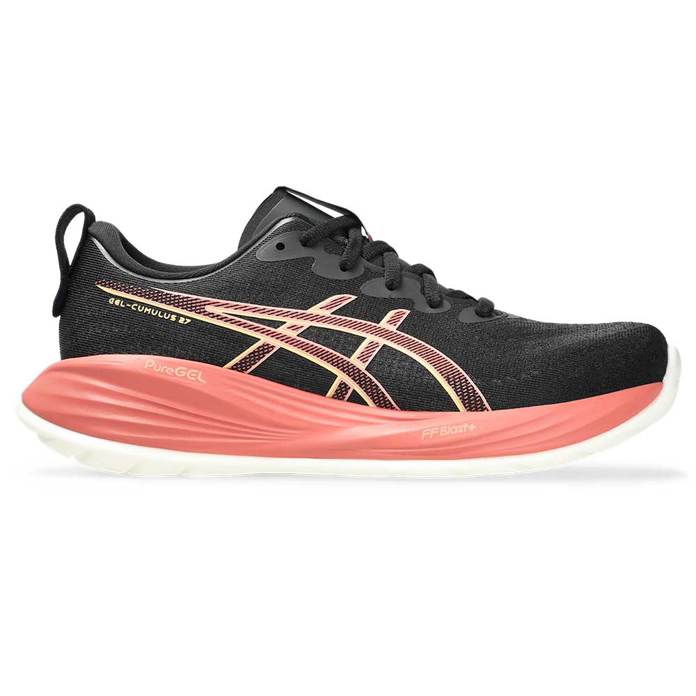 Side view on white background of Womens Asics Gel-Cumulus 22 running shoe in Black/Orange Glow, Medium (Regular) width