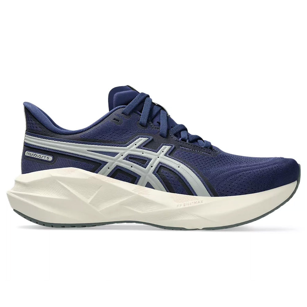 Side view on white background of Womens Asics Novablast running shoe in Indigo Blue/Seal Grey, Medium (Regular) width