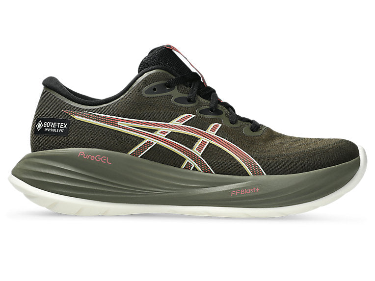 Side view on white background of Womens Asics Gel-Cumulus 27 GTX running shoe in Brown Stone/Dark Pink Clay, Medium (Regular) width