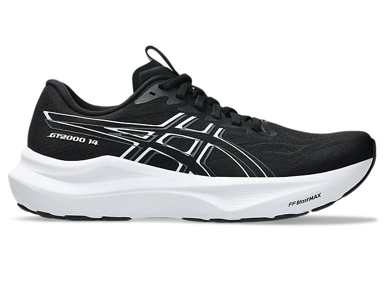 Side view on white background of Womens Asics GT-2000 14 running shoe in Black/White, Wide width