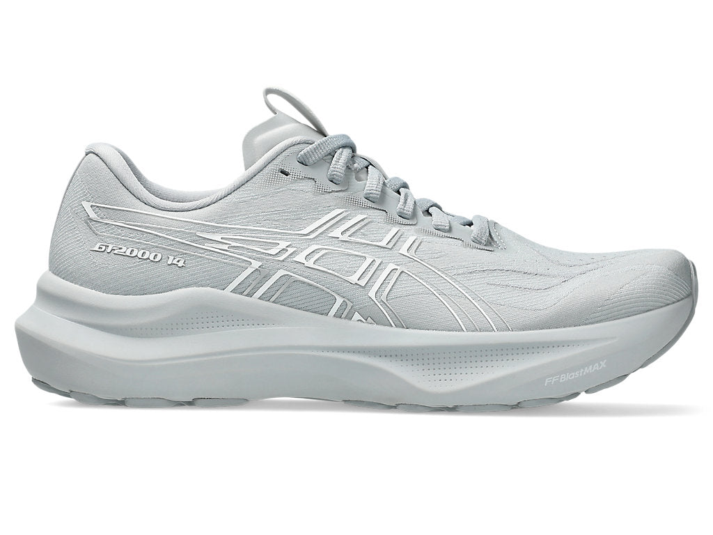 Side view on white background of Womens Asics GT-2000 14 running shoe in PiedmontGrey/White, Medium (Regular) width