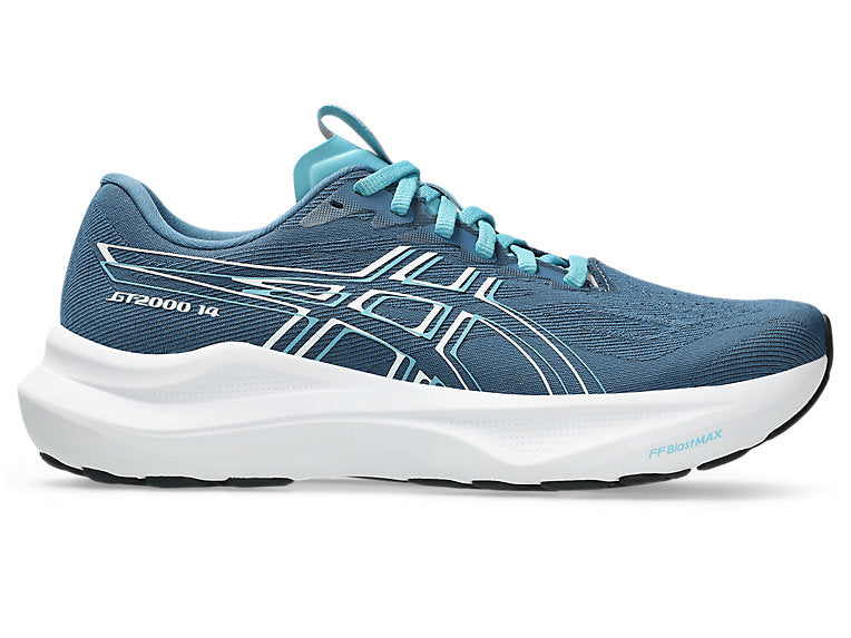 Side view on white background of Womens Asics GT-2000 14 running shoe in Winter Sea/White, Wide width