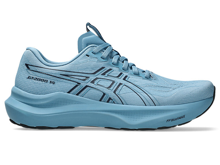 Side view on white background of Womens Asics GT-2000 14 running shoe in Saba Blue/Midnight, Medium (Regular) width
