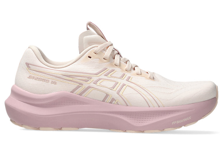 Side view on white background of Womens Asics Gt-2000 14 running shoe in Pearl Pink/Morganite, Wide width