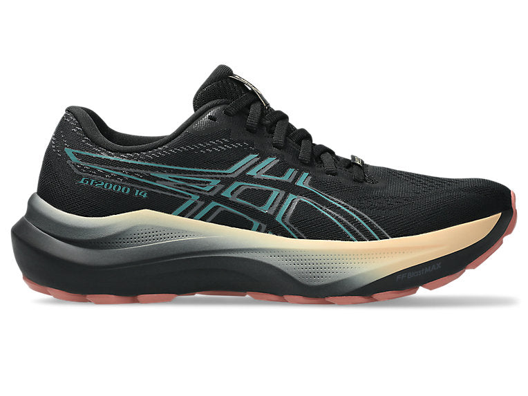 Side view on white background of Womens Asics GT-2000 14 GTX running shoe in Black/Misty Pine, Medium (Regular) width