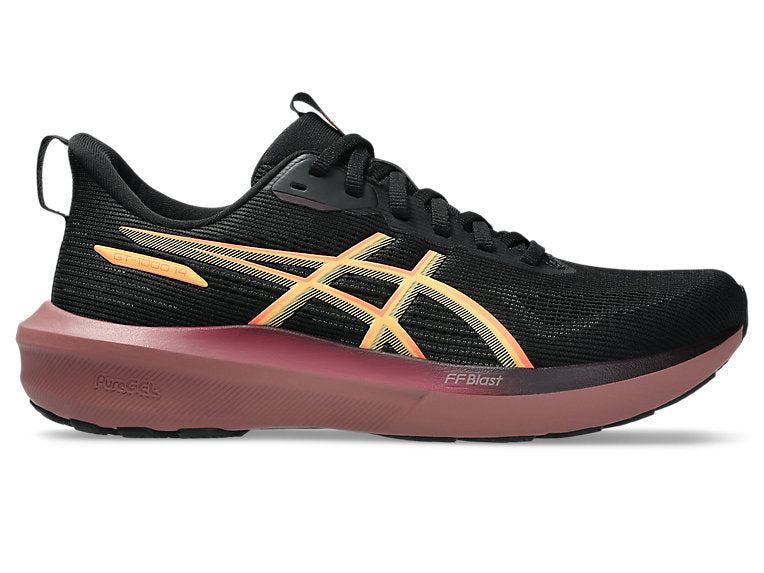Side view on white background of Womens Asics GT-1000 14 running shoe in Black/Vivid Coral, Medium (Regular) width