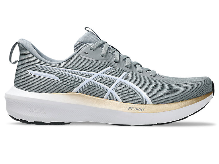 Side view on white background of Womens Asics GT-1000 14 running shoe in Gravel/White, Medium (Regular) width