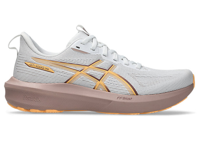 Side view on white background of Womens Asics GT-1000 14 running shoe in White/Rubble Red, Medium (Regular) width
