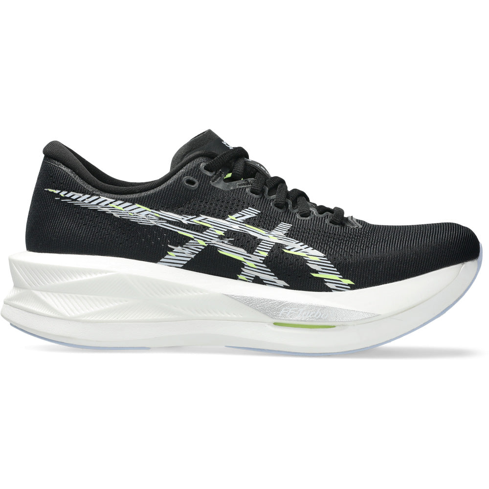 Side view on white background of Womens Asics Sonicblast running shoe in Black/Blue Fade, Medium (Regular) width