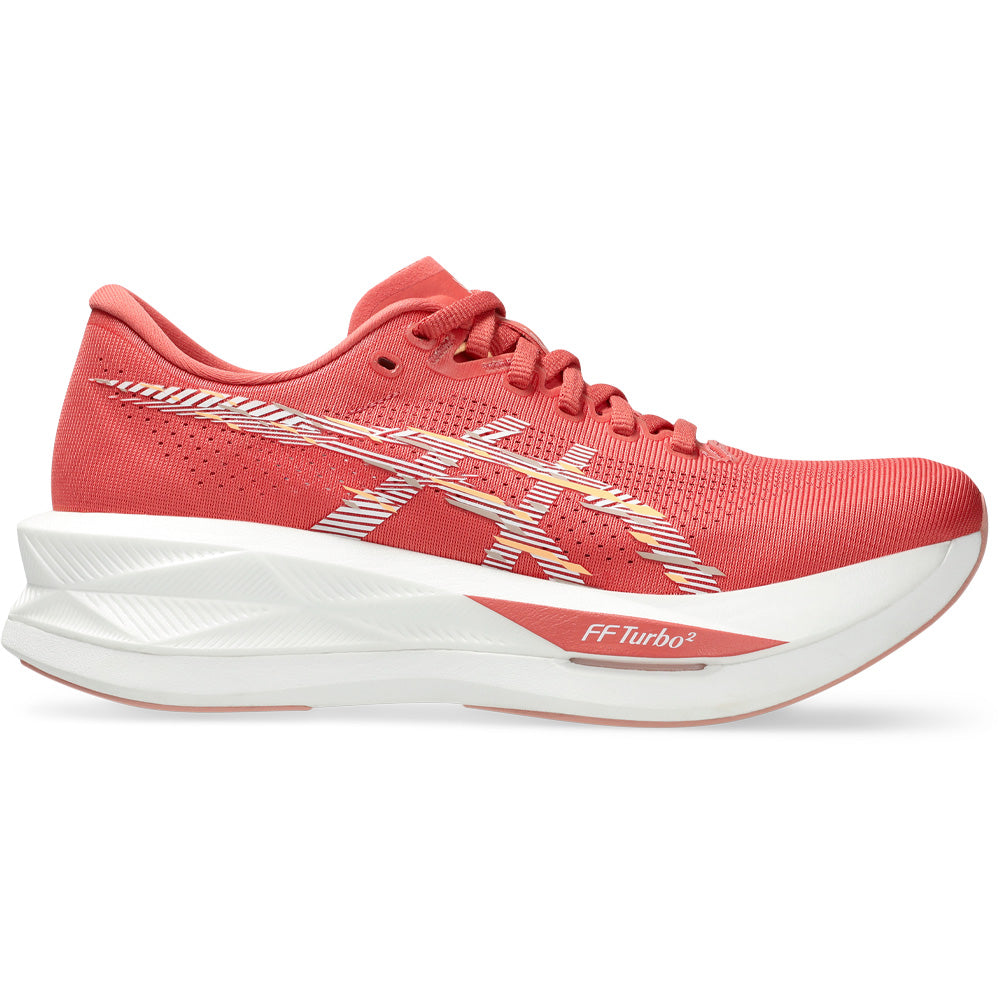 Side view on white background of Womens Asics Sonicblast running shoe in Dark Pink Clay/White, Medium (Regular) width