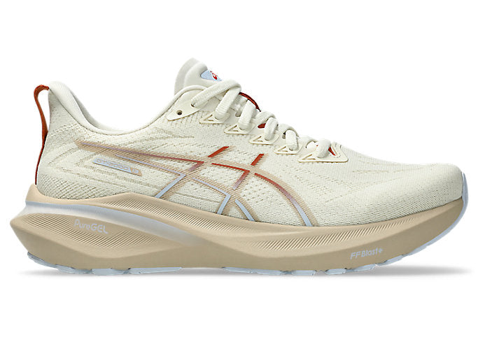 Side view on white background of Womens Asics GT-2000 13 running shoe in Pale Oak/Feather Grey, Medium (Regular) width