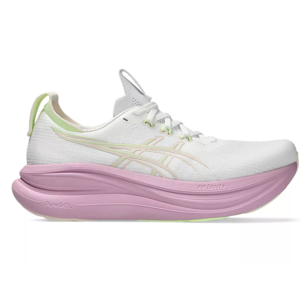 Side view on white background of Womens Asics Gel-Nimbus running shoe in White/Hazy Lilac, Wide width