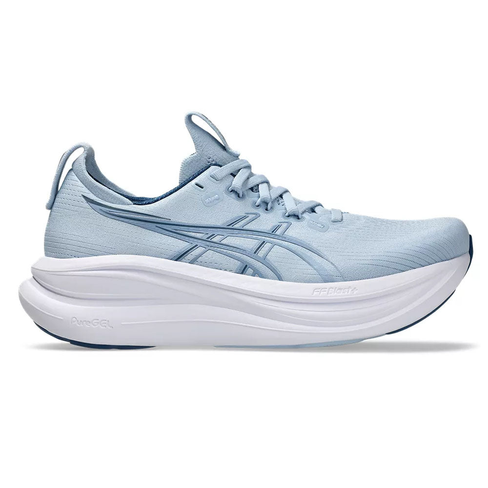 Side view on white background of Womens Asics Gel-Nimbus running shoe in Solid Air/Calm Indigo, Medium (Regular) width