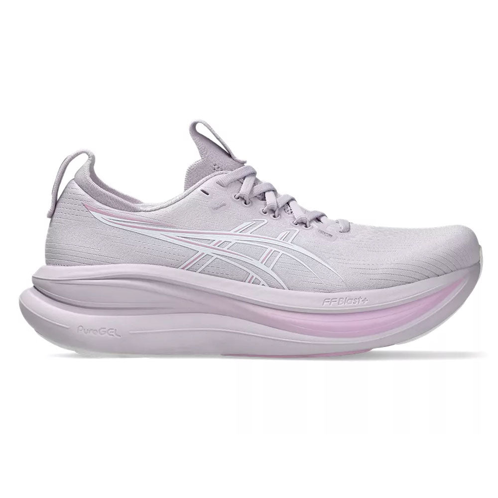 Side view on white background of Womens Asics Gel-Nimbus running shoe in Dahlia/White, Medium (Regular) width