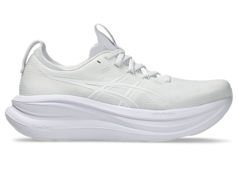 Side view on white background of Womens Asics Gel-Nimbus 28 running shoe in White/White, Wide width