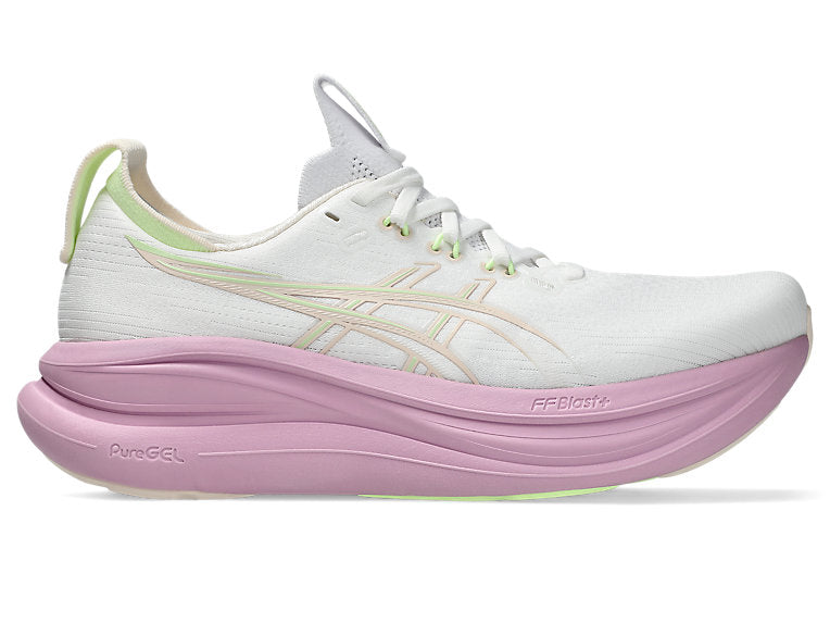 Side view on white background of Womens Asics Gel-Nimbus 28 running shoe in White/Hazy Lilac, Wide width