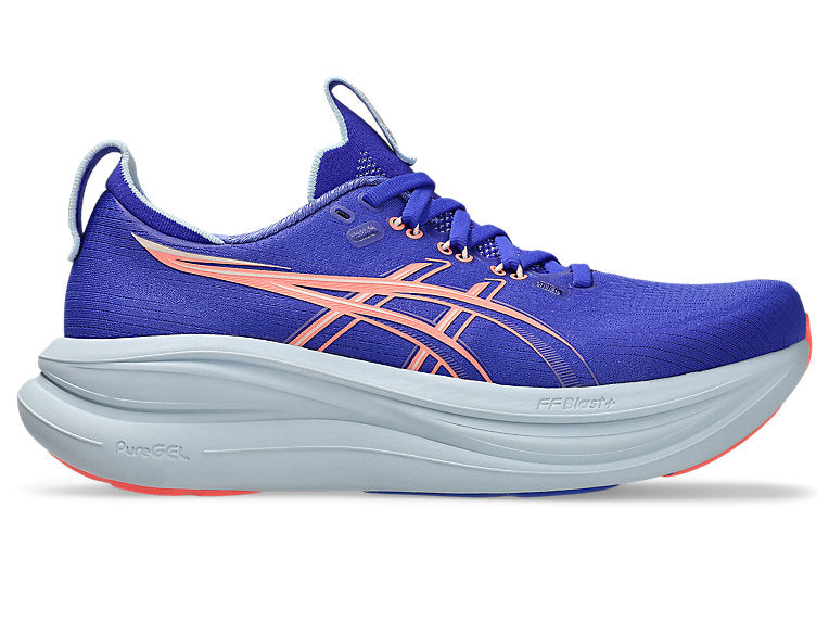 Side view on white background of Womens Asics Gel-Nimbus 28 running shoe in Cobalt Burst/Sun Coral, Medium (Regular) width