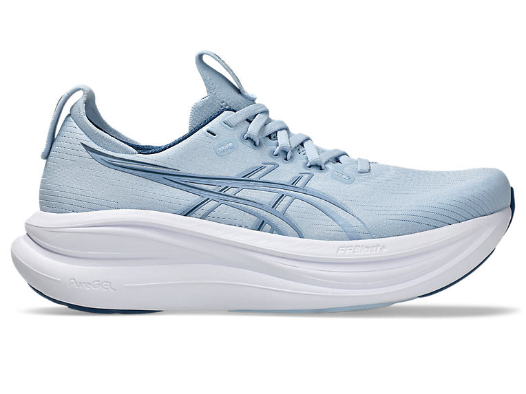 Side view on white background of Womens Asics Gel-Nimbus 28 running shoe in Solid Air/Calm Indigo, Medium (Regular) width